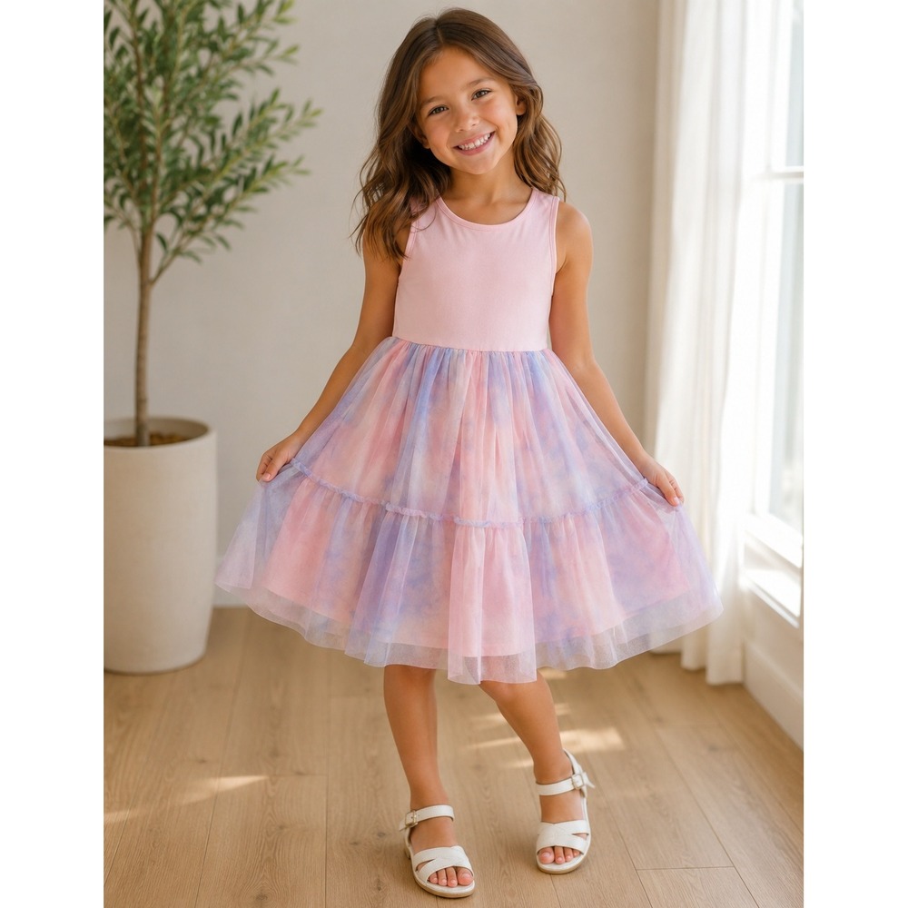 Knit Works Girls XXL 20.5 Plus Pink Tie Dye Tulle Tiered Sleeveless Spring Dress
